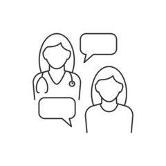 Female doctor discussion with woman. Editable stroke