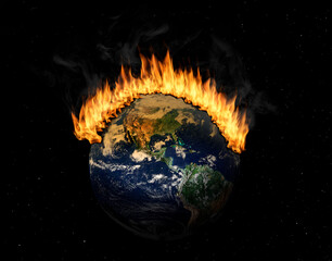 Planet Earth in Outer Space Engulfed in Flames. Concept of climate crisis; natural disasters, global warming, apocalypse, war, judgment day. Elements of this image used with permission from NASA image