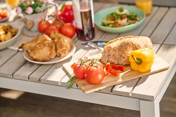 A close up picture of a table with food