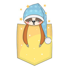 Cute baby sloth sleeping in pocket. Vector illustration. © Nadzezhda
