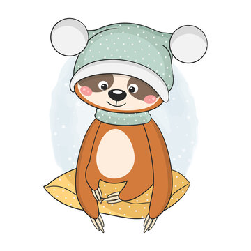 recommend clip art: Cute baby sloth sitting on pillow. Vector illustration.