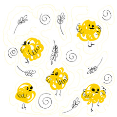 Chicken curves yellow black hand drawing lines pattern 