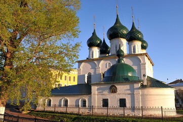 Fototapeta na wymiar A snow-white Orthodox church with beautiful domes