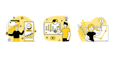 Set of people showing graphs and growth charts. Concept of Business coaches on investment, economic education. Businessman, Businesswoman. Outline character in trending style. Vector illustrations 