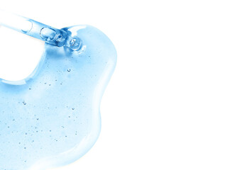 Blue texture of a drop of serum on a white background. Transparent sample of cosmetic gel with bubbles. Crystal acid cream. Hyaluronic acid. - obrazy, fototapety, plakaty