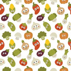 Fototapeta premium kawaii seamless pattern cute funny cartoon vegetable characters isolated on white background. illustration vector. 