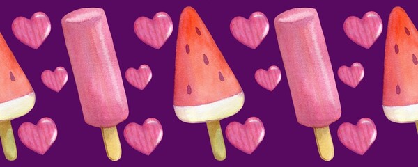 Fruit pink ice cream on a stick with hearts, watercolor illustration, seamless border pattern