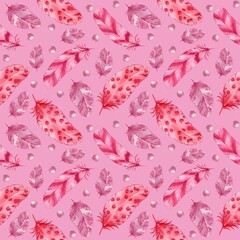 Light pink bird feathers with pearls, watercolor , seamless pattern on a delicate pink background