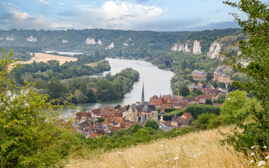 Fototapeta na wymiar Normandy, northern France, Les Andelys. View to the old town and river Seine from Chateau Gaillard.