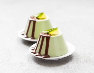 Vegan dessert, Avocado Panna Cotta witch chocolate topping on a plate on a light gray background