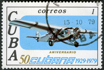 CUBA - 1979: shows Ford Trimotor Tin Goose, series The 50th Anniversary of The Cuban Airlines, 1979