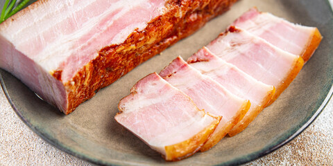 bacon pork slice smoked lard fat meal snack on the table copy space food background 