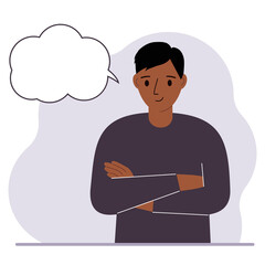 Young man with a smile thinks and blank thought, speech bubble. The arms are crossed over the chest. Place for your text.