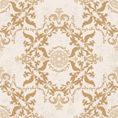 Vegetal monochrome retro pattern in beige. Vintage texture pattern. Seamless damask pattern. Vector illustration. For wallpaper, textile, tile or wrapping paper.