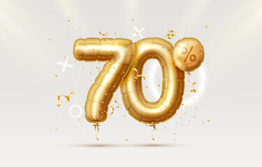 70 Off. Discount creative composition. 3d Golden sale symbol with decorative objects, heart shaped balloons, golden confetti, podium and gift box. Sale banner and poster. Vector - obrazy, fototapety, plakaty