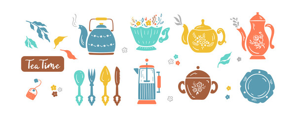 Cartoon Kettle. Teapots Vector Set. Tea and Coffee Household Utensils Colorful Collection