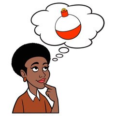 Woman thinking about a Fishing Bobber - A cartoon illustration of a Woman thinking about a Fishing Bobber.