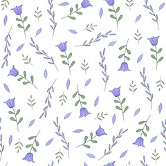 Seamless texture for your design. Hand-drawn background with cute blue flowers. Illustration can be used for templates, wallpaper. 
