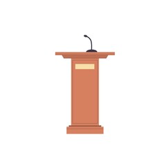 Vector flat cartoon tribune podium with microphone isolated on empty background-lecture hall interior elements and equipment,workplace organization concept,web site banner ad design