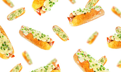 Hot dog isolated on a white background. Fast food isolated. Flying hot dogs.