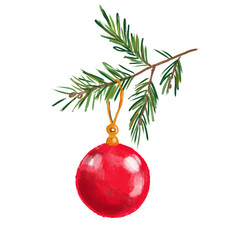 Watercolor illustration of spruce twig with red New Year's ball isolated on white background. Christmas and New Year hand painted illustration