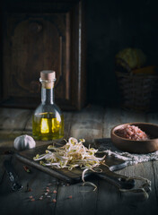 Sprouted soybeans on a wooden cutting board.Photo in vintage processing