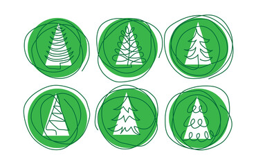 Christmas pine trees doodle border. One continuous line drawing. Simple vector green Christmas trees border