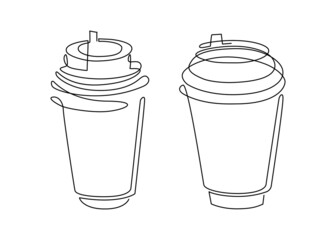 Disposable glasses for hot drink fast food. Continuous line drawing. Vector illustration.