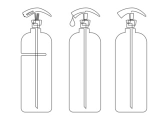 Plastic bottle dispenser pump for liquid. Blank product packaging mockup template design. Continuous line drawing. Vector illustration.