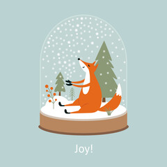 Cute fox catching snowflakes. Winter illustration. Christmas and New Year card