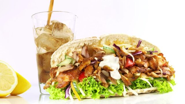 Cola in ein Glas einschenken mit Fast Food auf wei&szlig;em Hintergrund