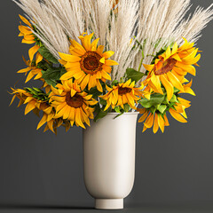 decorative bouquet of Sunflowers in a vase with white pampas on a white background