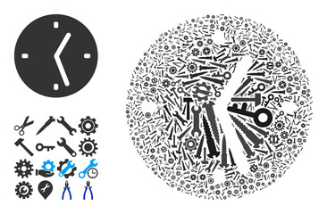 Repair workshop clock composition of service tools. Vector clock is shaped of cogwheels, wrenches, and other tools, and based on clock icon. Abstraction of maintenance service.