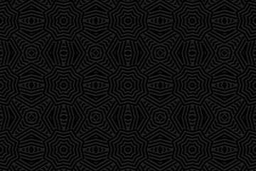 Embossed black background design. Floral texture with geometric volumetric convex ethnic 3D pattern, art deco. Vector graphic template for business background, magazine layout, brochure, booklet.