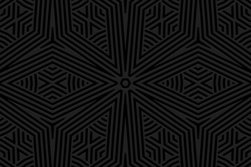 Embossed black background design. Elegant texture with geometric volumetric convex ethnic 3D pattern, art deco. Vector graphics template for business background, magazine layout, brochure, booklet.