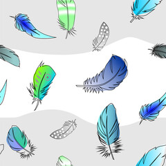 endless vector feather pattern on white and blue background, seamless pattern