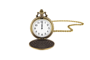 Open bronze pocket watch with 12 o'clock on the dial, with chain, isolated on white background