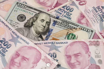 US dollars and Turkish Liras on top of each other completely covering the screen. 1 US dollar being...