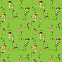 Green paterns depicting a bottle and a splash of refreshing liquid. Carbonated summer drinks for fabric and wallpaper designs.
