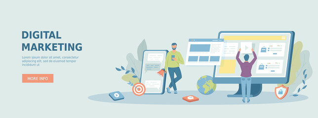 Digital marketing, internet advertisement. Content strategy and management, analysis, development. Promotional web banner. Cartoon flat vector illustration with people characters.