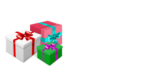 Vector illustration with bunch of colored gift boxes with ribbons and bows on white background