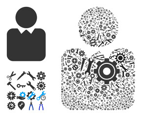 Repair service person collage of service tools. Vector person is done of cogwheels, spanners, and other tools, and based on person icon. Abstraction of technical job.