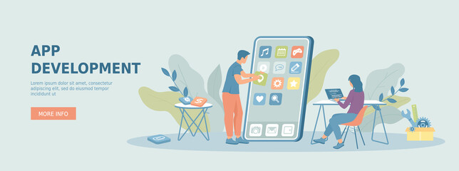 Mobile app development. Phone software creating. Man and woman working on the smartphone interface. Promotional web banner. Cartoon flat vector illustration with people characters.