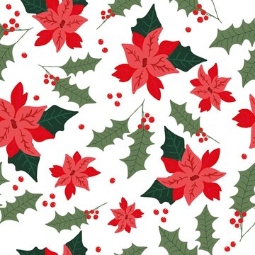 A simple Christmas pattern . beautiful poinsettia and holly on a white background. Vector illustration.