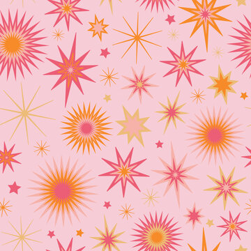 Pink and orange and gold starburst seamless vector pattern. Bright, colorful bursts and stars. Fun, festive abstract fireworks. Repeat background surface texture print. Decorative gift wrap paper art.