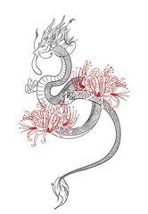 sketch beautiful writhing dragon with clouds and moon