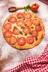 Delicious Pizza Classic Homemade Tomato Sauce Sausage Cheese Onion Meat Pasta Shrimp Restaurant Menu Gourmet on a wooden table