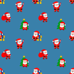 Christmas vector pattern with cute Santa Claus, Christmas tree and Christmas tree toys in cartoon style. Festive pattern for gifts, jewelry, wrapping paper, banners