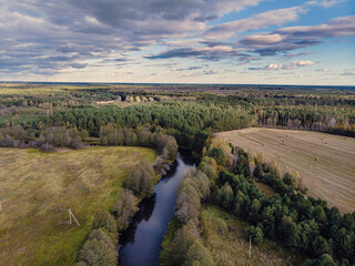 Fototapeta na wymiar Aerial top view of river Narochanka in Belarus. Drone shot