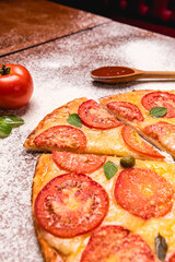 Delicious Pizza Classic Homemade Tomato Sauce Sausage Cheese Onion Meat Pasta Shrimp Restaurant Menu Gourmet on a wooden table